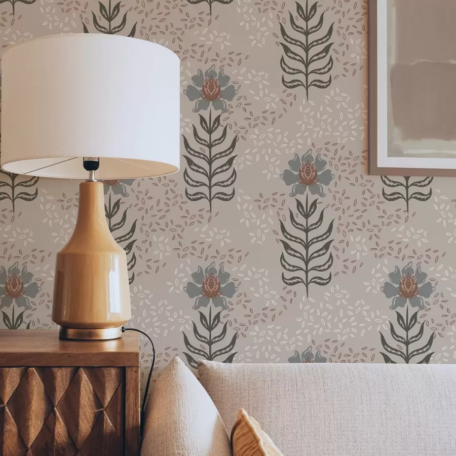 murales de pared Flores y semillas estilizadas sobre un cálido fondo beige a00604