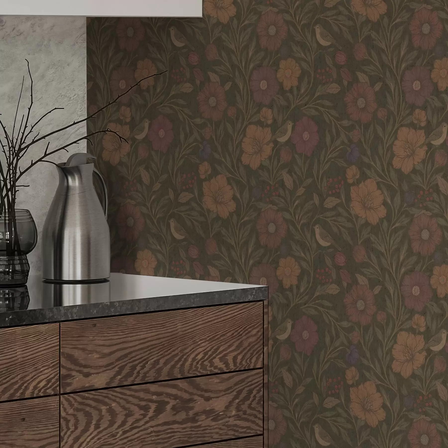 murales de pared Flores otoñales y pájaros sobre fondo marrón oliva a00605