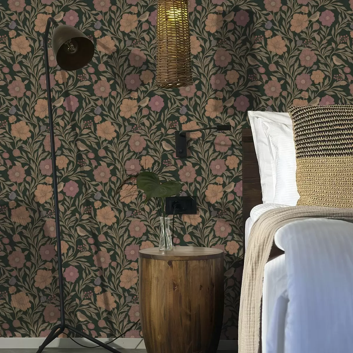 Papel pintado Flores otoñales y pájaros sobre un fondo esmeralda intenso a00605v1