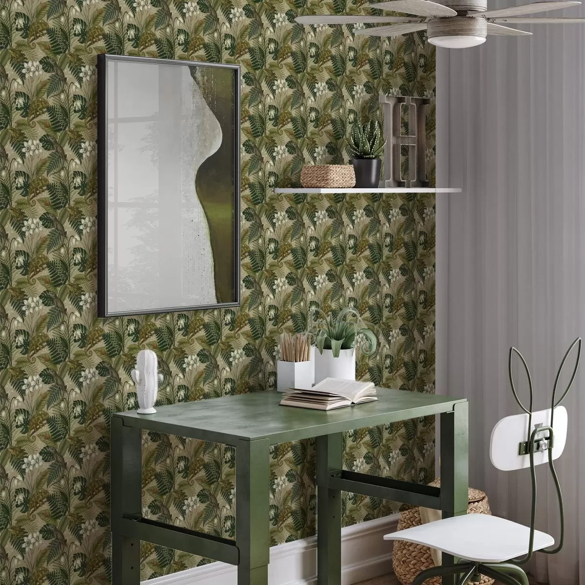 Papel pintado Camaleones y hojas tropicales, flores blancas, fondo beige a00608