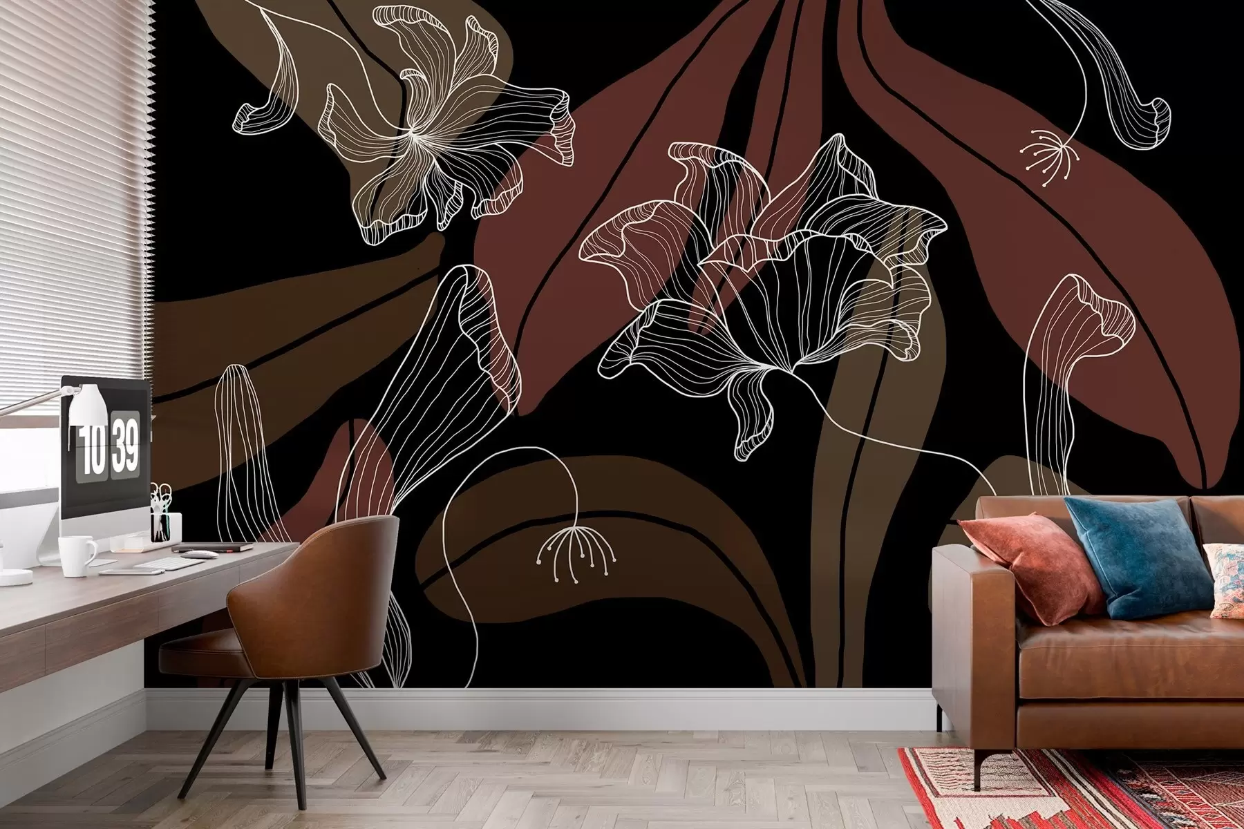 murales de pared hojas y flores abstractas en tonos empolvados y beige sobre un fondo oscuro w04499v3