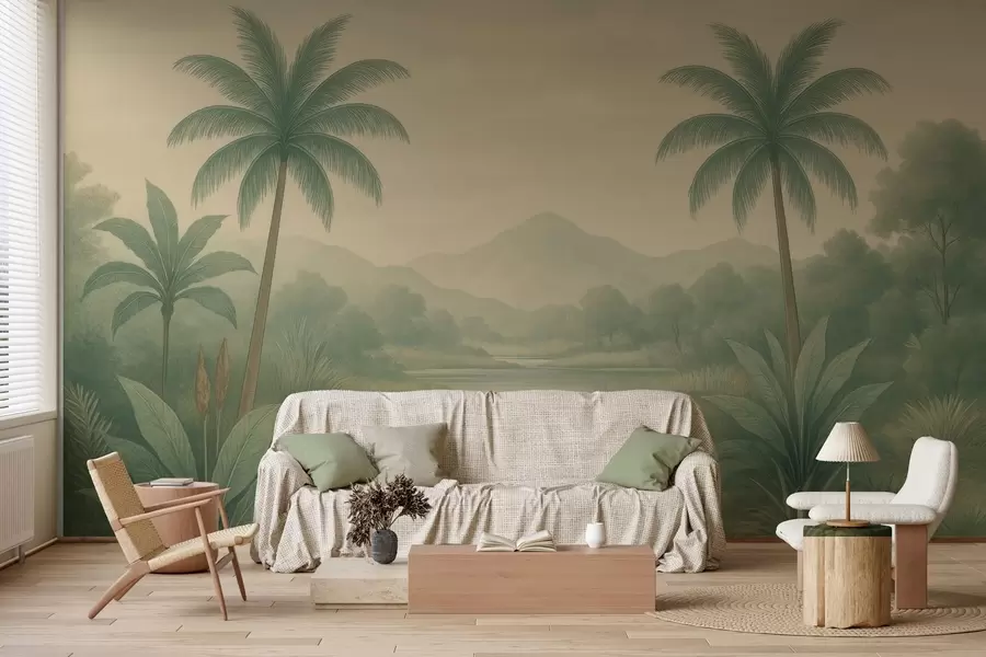 murales de pared paisaje tropical con palmeras y un río w04623