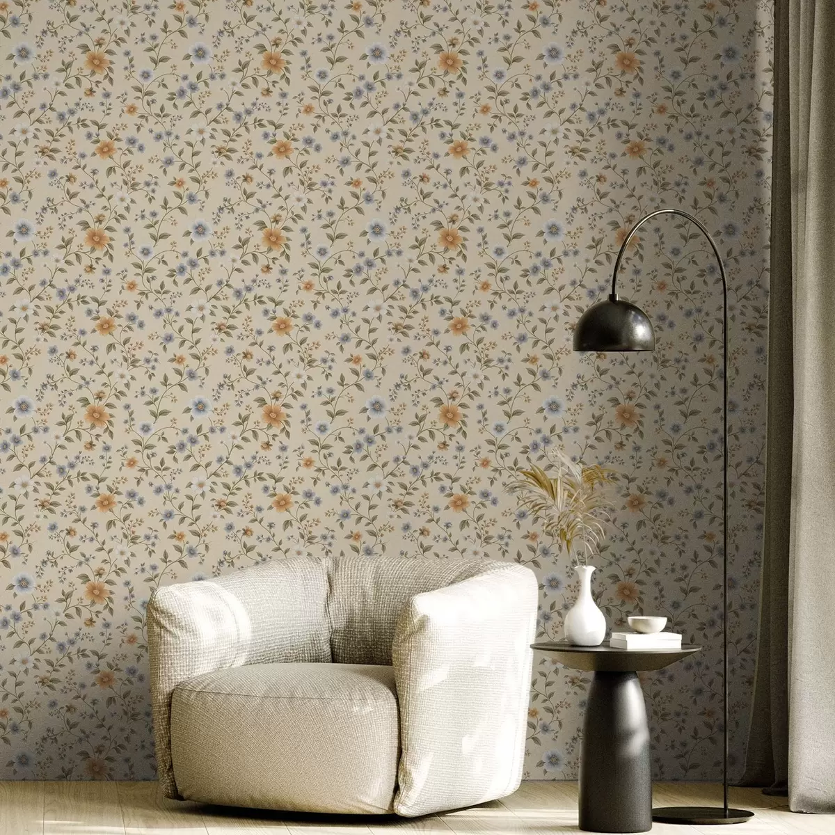 Papel pintado Ramas florales con flores azules y melocotón a00575