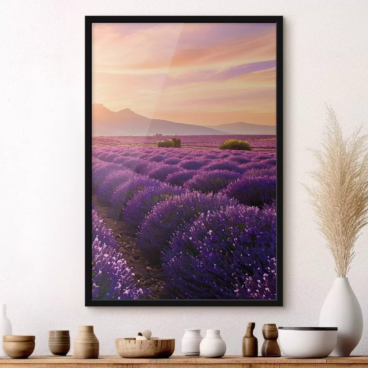 Poster Lavanda con el atardecer en las montañas como telón de fondo f45664