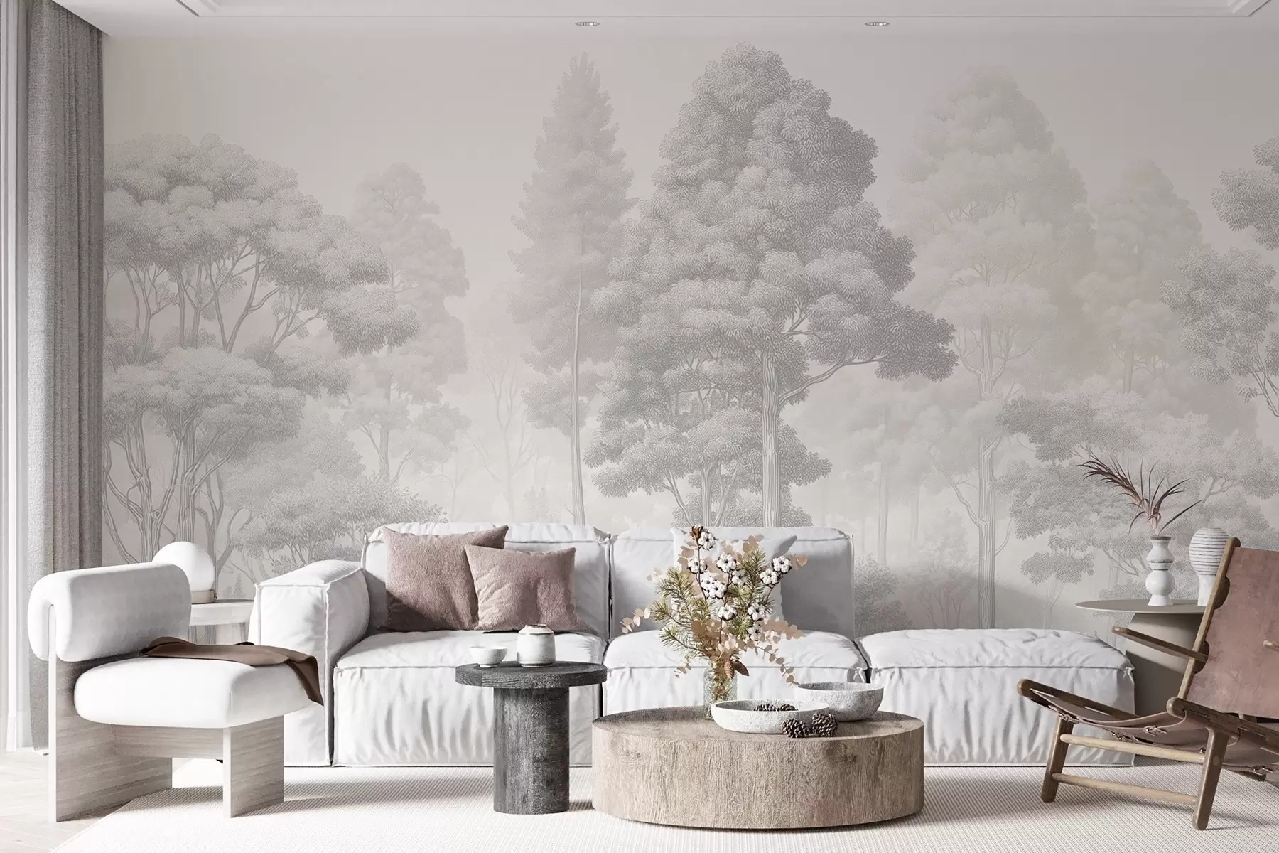 murales de pared Paisaje forestal artístico en la técnica del sombreado gráfico en blanco y negro w09411