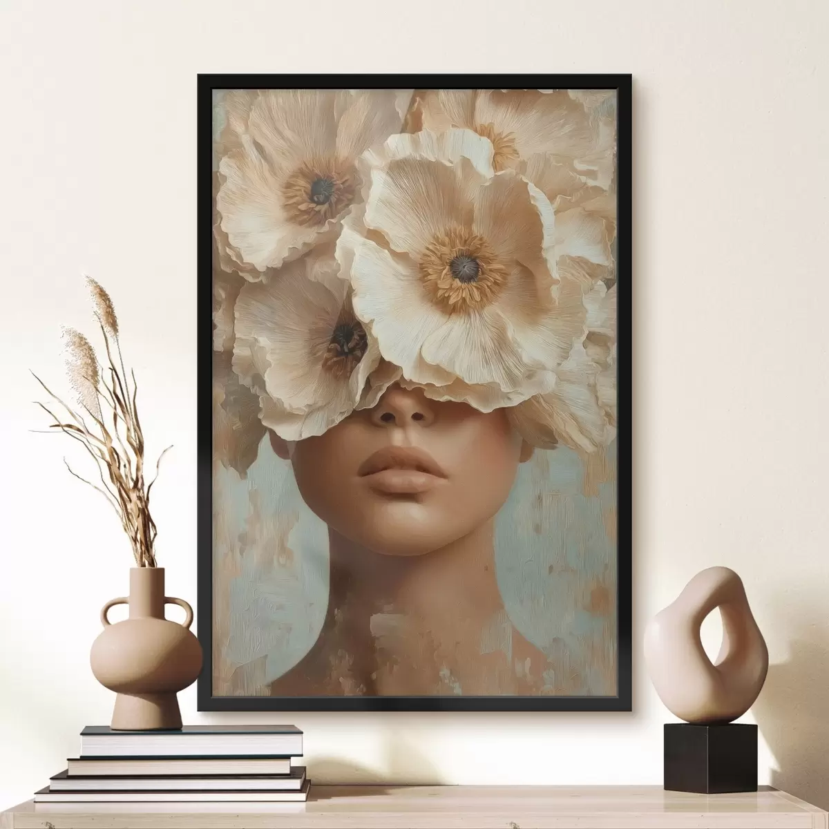 Poster Retrato con flores beige cubriendo los ojos f45870