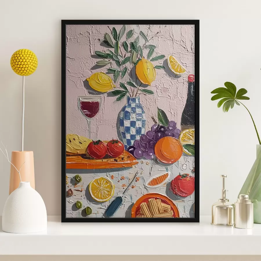 murales de pared Naturaleza muerta en tonos pastel: limones, uvas y tomates, impasto f45876