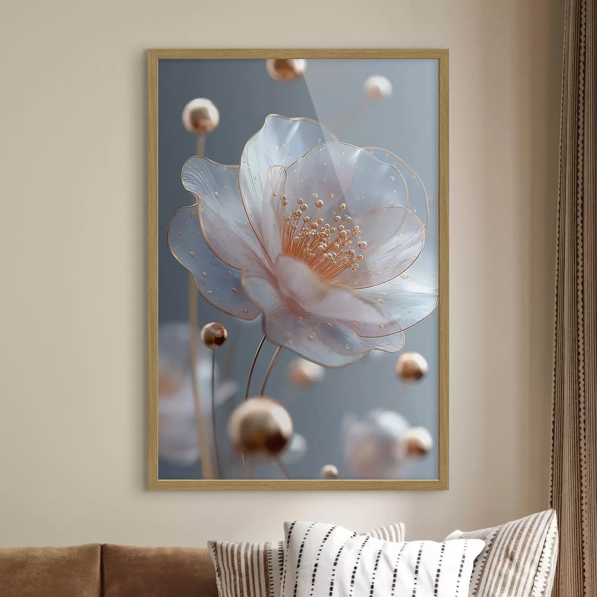 Poster Flor translúcida con estambres cobrizos sobre fondo azul f45880