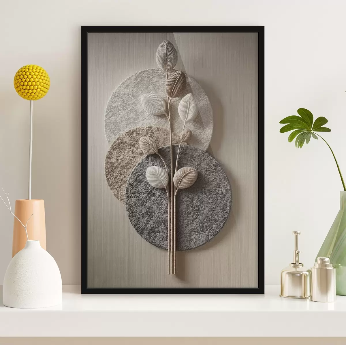 Poster Círculos en relieve y una rama en tonos neutros cálidos f45883