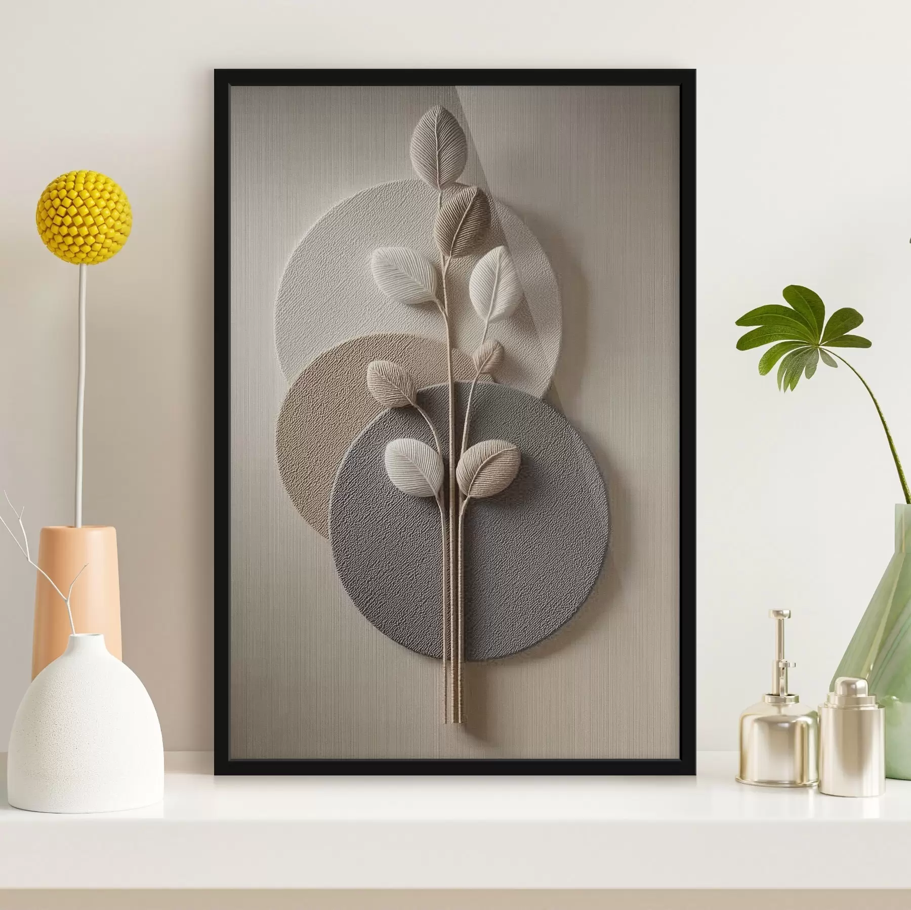 murales de pared Círculos en relieve y una rama en tonos neutros cálidos f45883