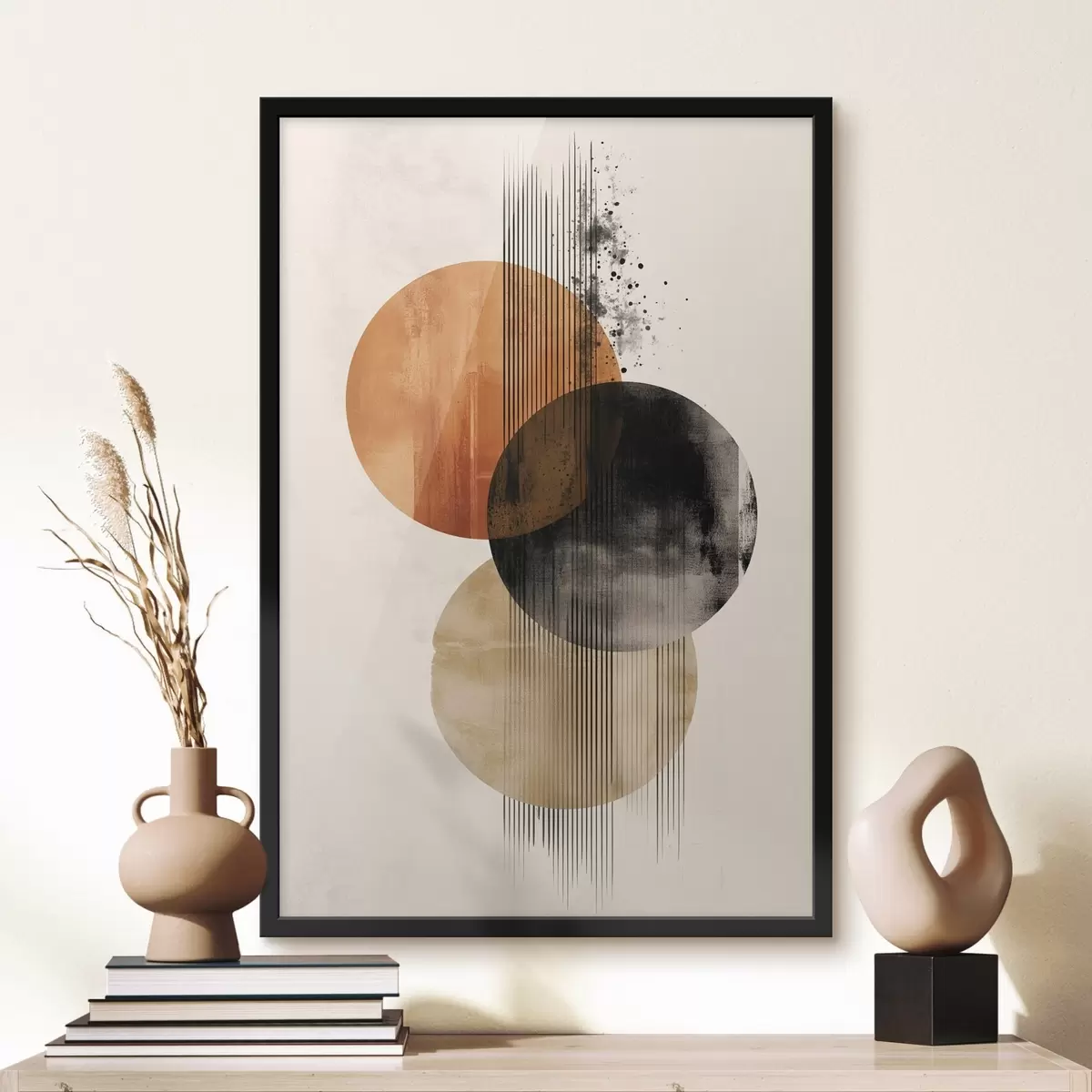 Poster Tres círculos texturizados con líneas en una paleta de colores terracota y negro f45885