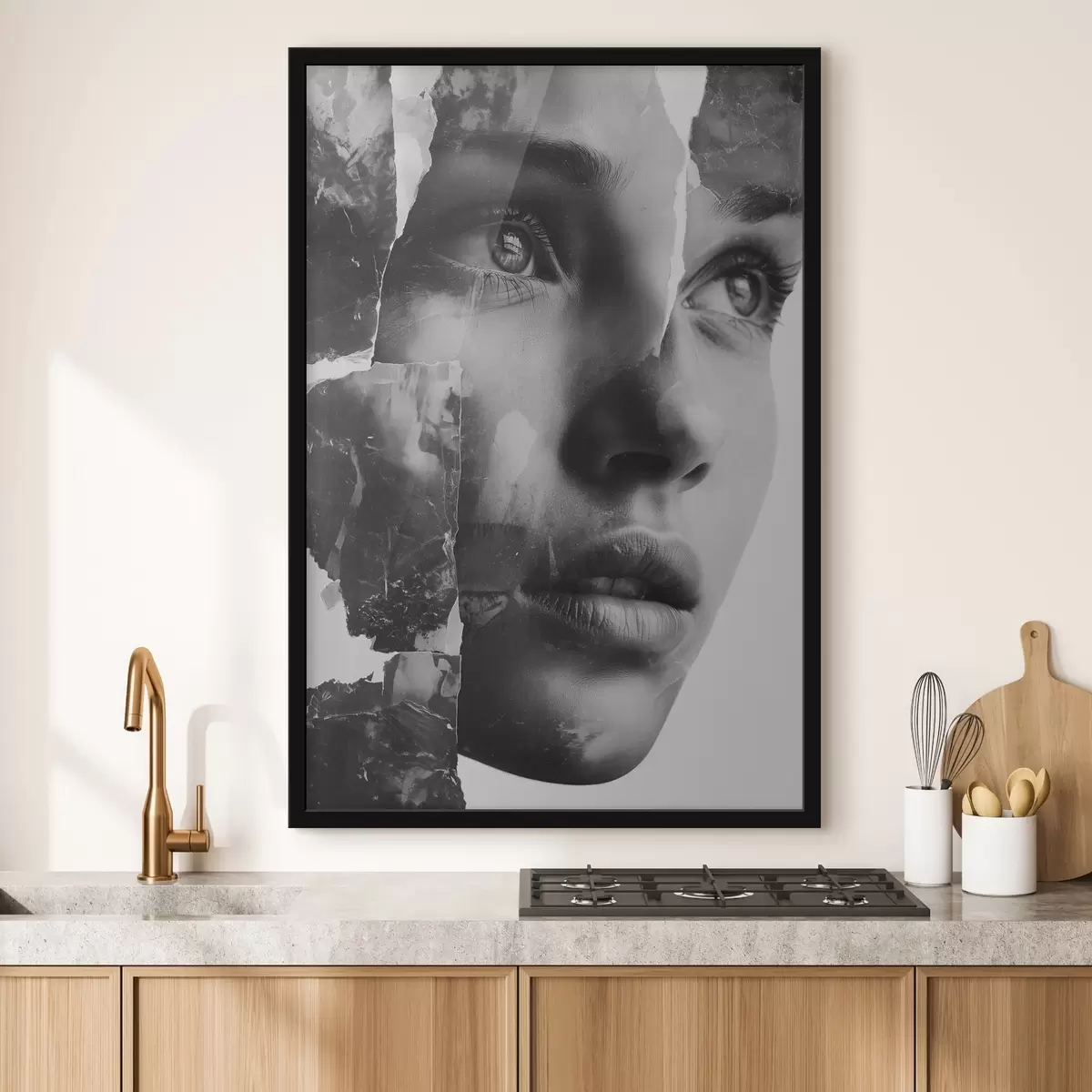 Poster Retrato collage en blanco y negro con capas rasgadas con textura f45898