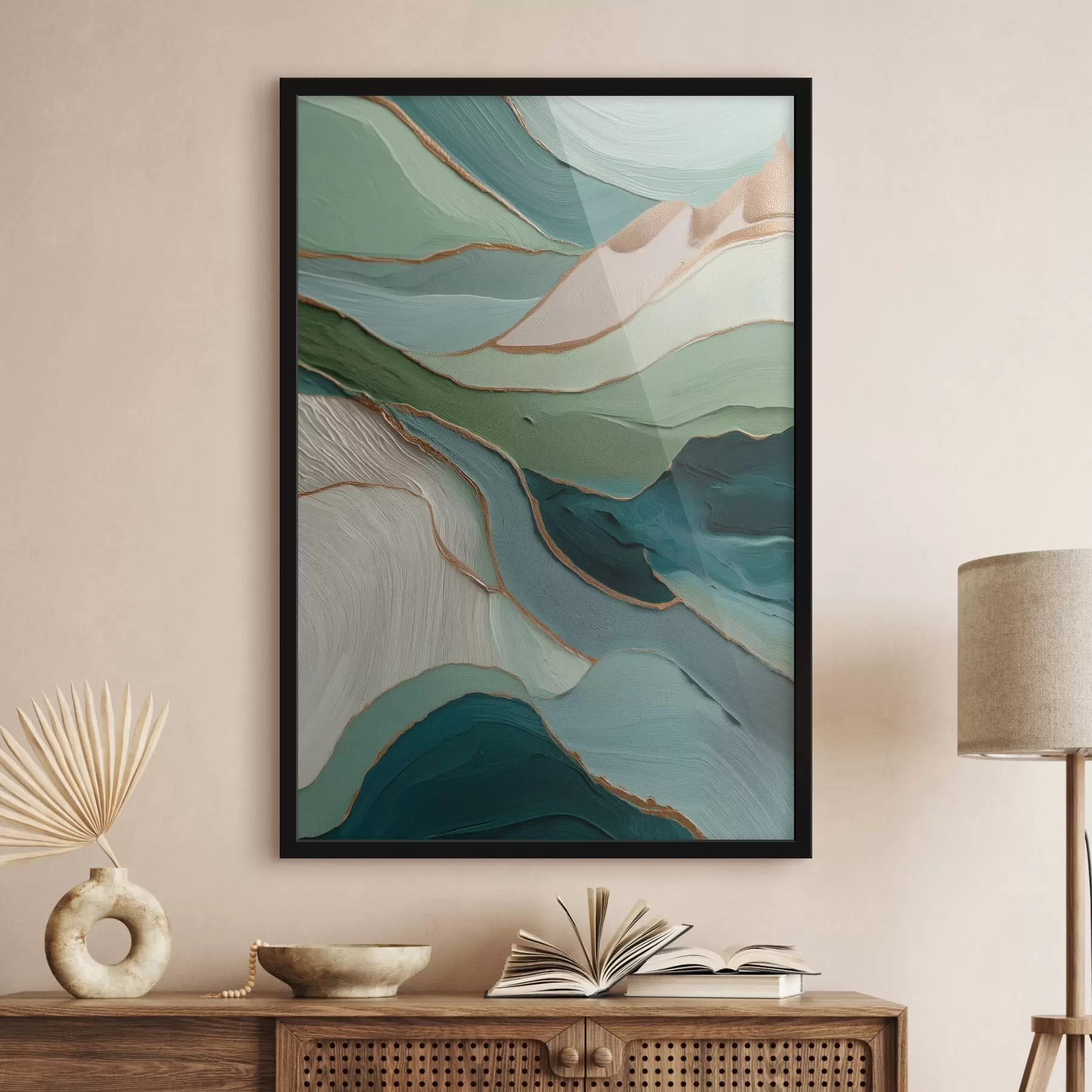 murales de pared Abstracción verde en capas con líneas amarillas y profundidad f45902