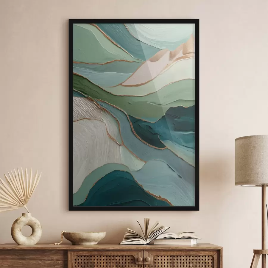 murales de pared Abstracción verde en capas con líneas amarillas y profundidad f45902