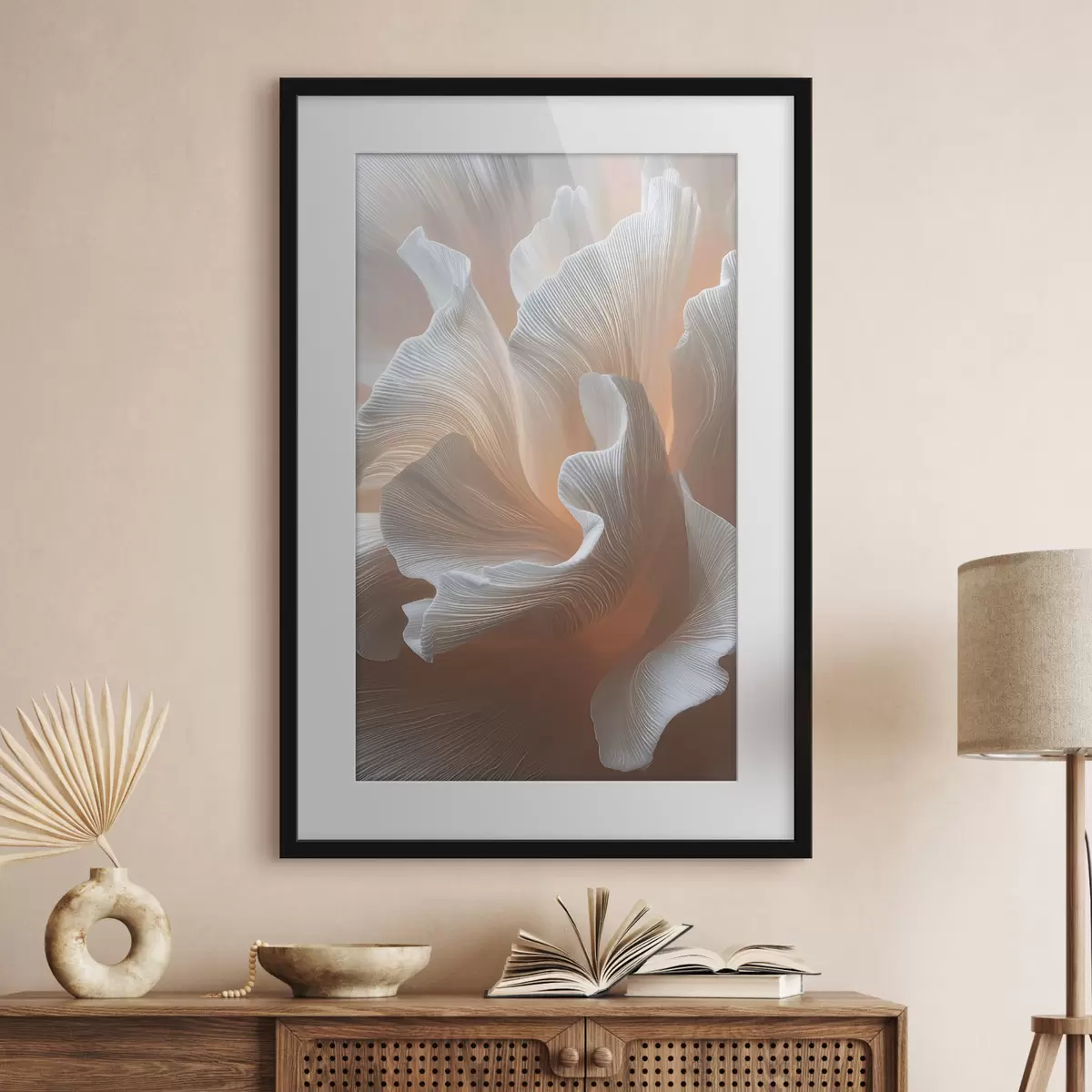 Poster Pétalos blancos y vaporosos con un cálido brillo melocotón f45909