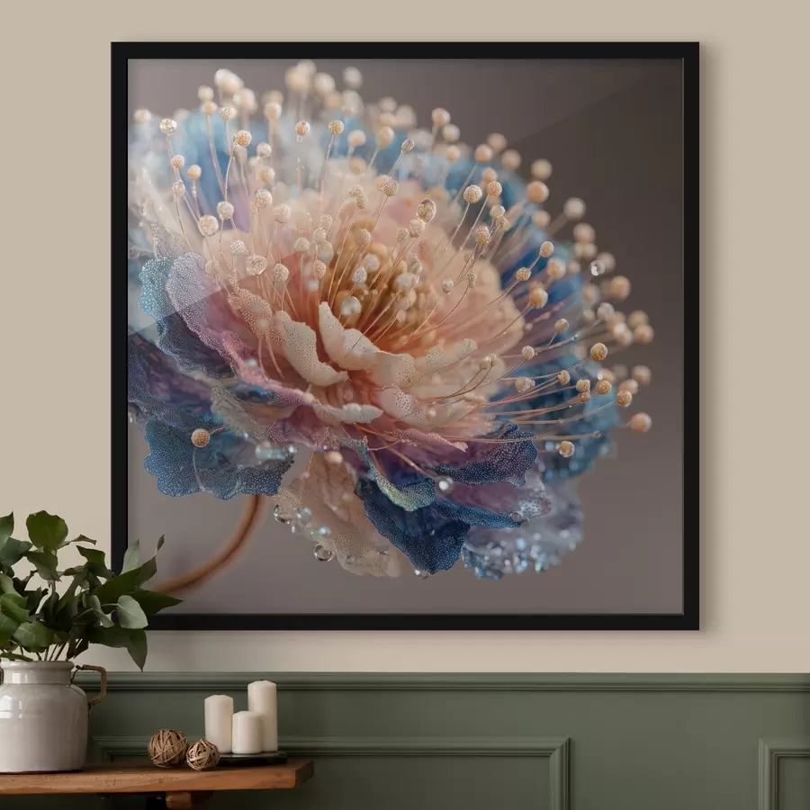 murales de pared Flor nacarada con gotas de rocío, pétalos color melocotón y azul f45911