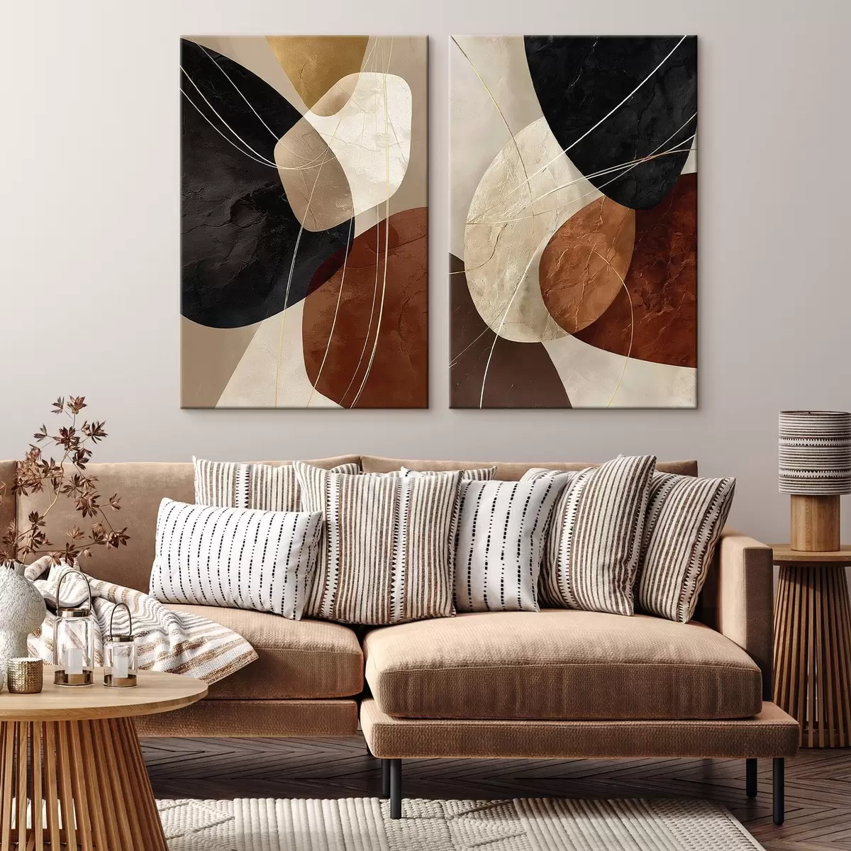 murales de pared Óvalos geométricos en una paleta cálida con líneas amarillas m00763