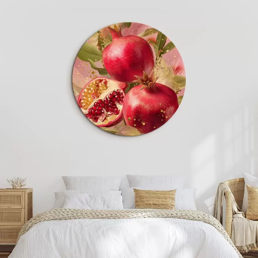 murales de pared Granadas maduras sobre fondo rosa con follaje y motas doradas r45868