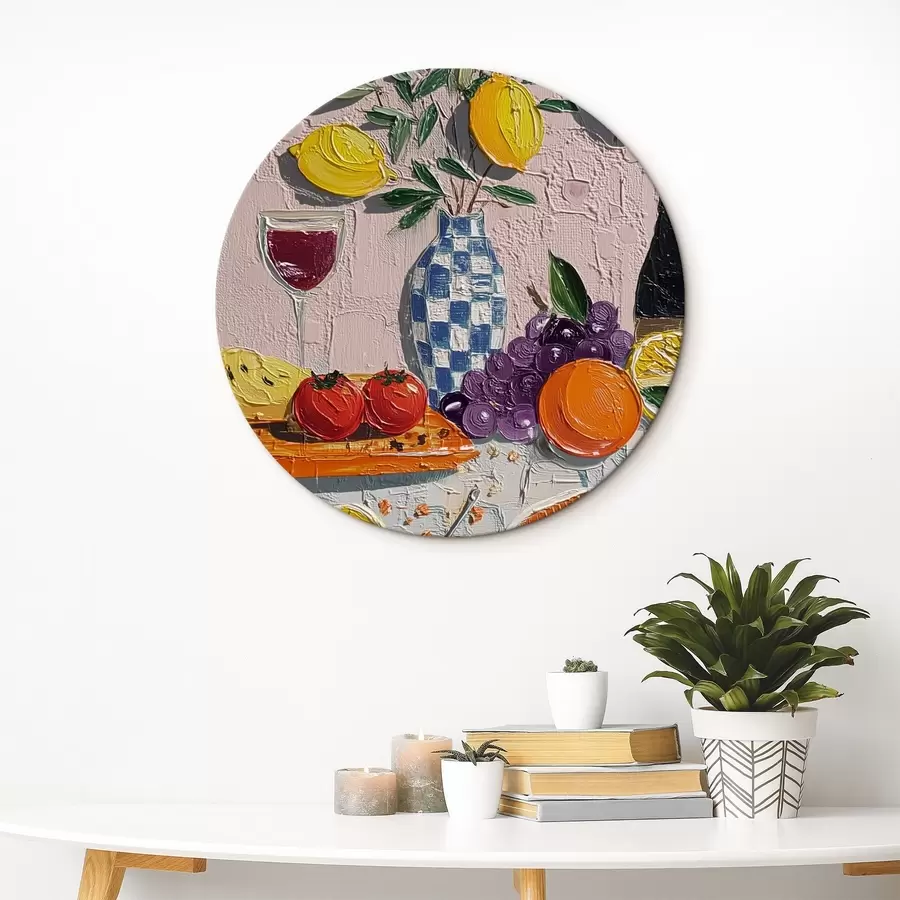 murales de pared Naturaleza muerta en tonos pastel: limones, uvas y tomates, impasto r45876