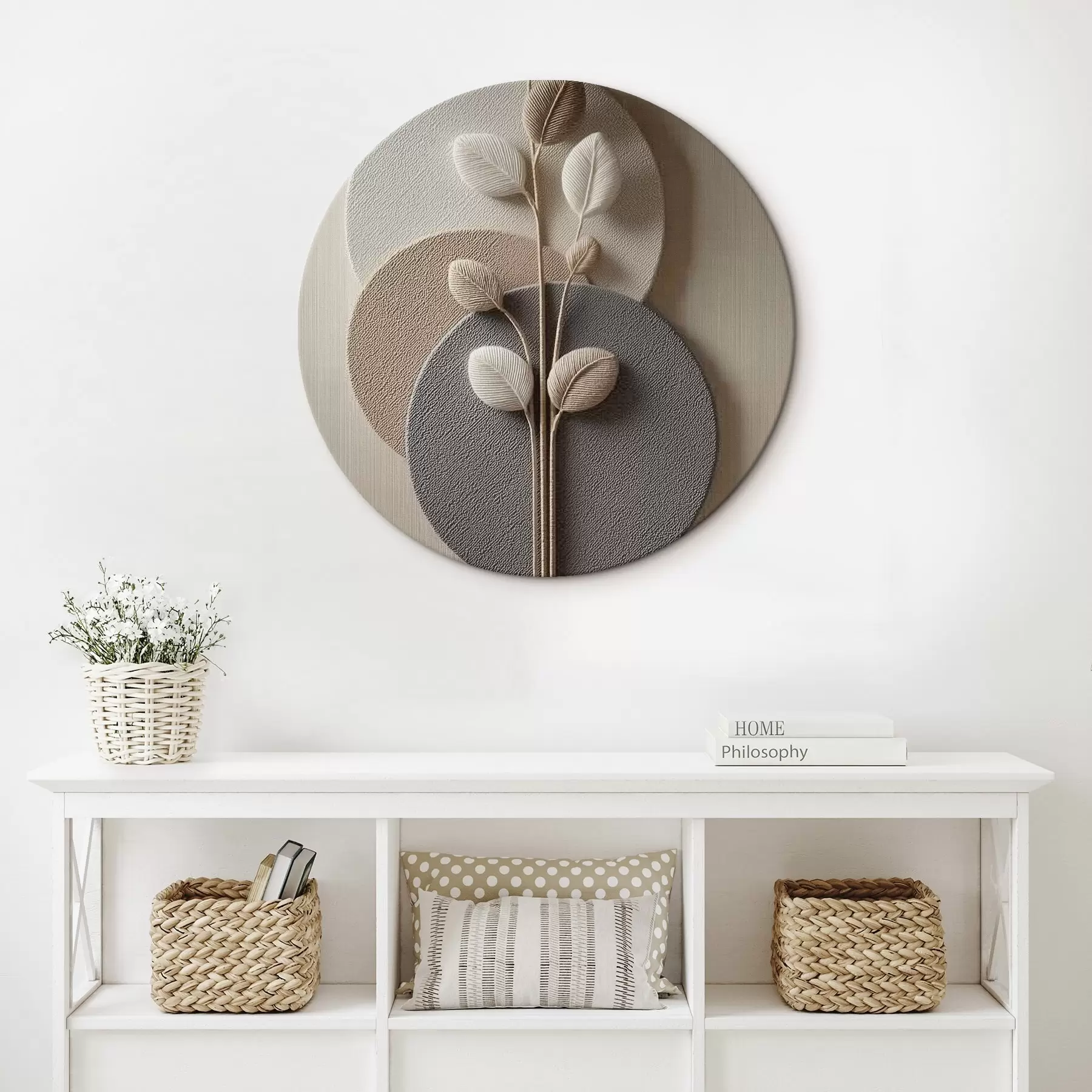 murales de pared Círculos en relieve y una rama en tonos neutros cálidos r45883