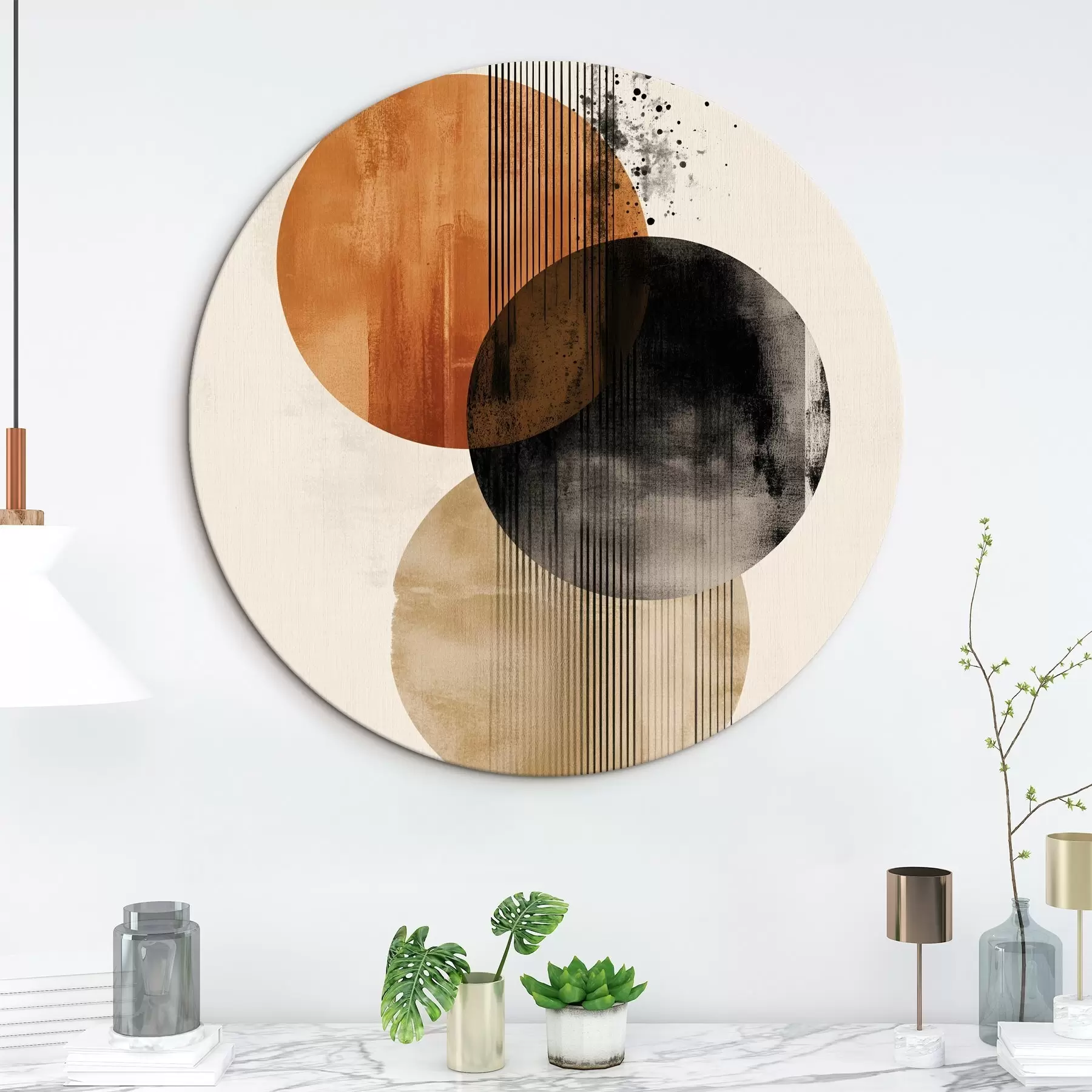 murales de pared Tres círculos texturizados con líneas en una paleta de colores terracota y negro r45885