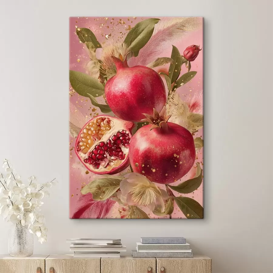 murales de pared Granadas maduras sobre fondo rosa con follaje y motas doradas s45868