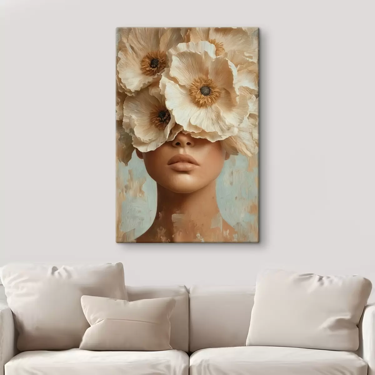 murales de pared Retrato con flores beige cubriendo los ojos s45870