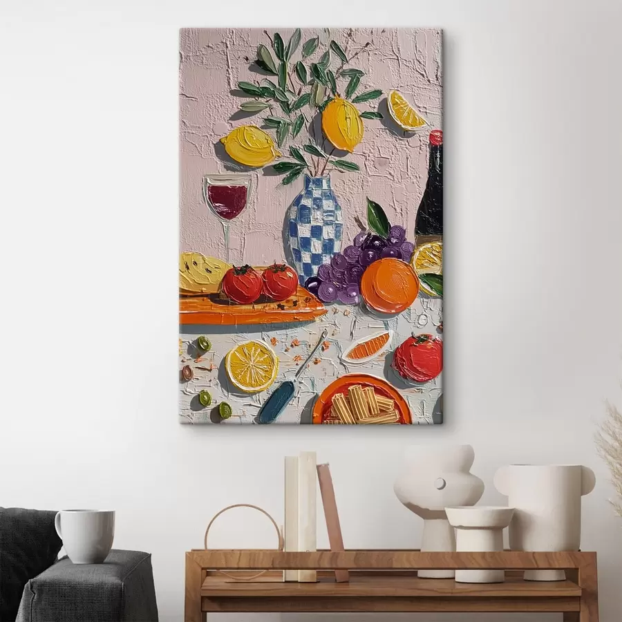 murales de pared Naturaleza muerta en tonos pastel: limones, uvas y tomates, impasto s45876