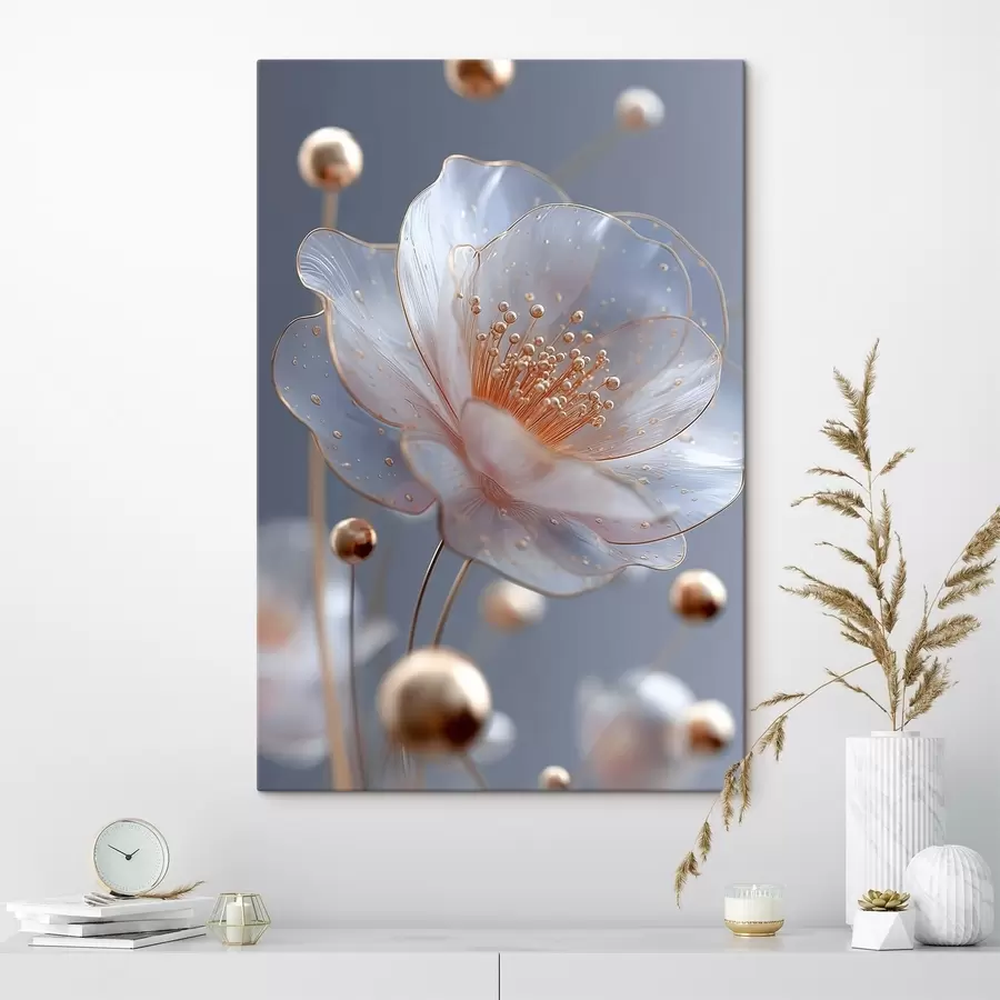 murales de pared Flor translúcida con estambres cobrizos sobre fondo azul s45880