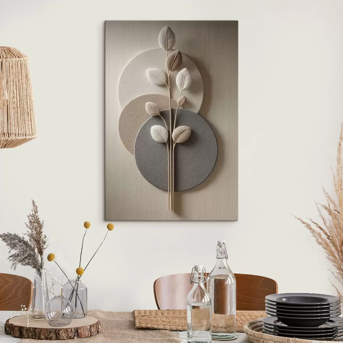 murales de pared Círculos en relieve y una rama en tonos neutros cálidos s45883