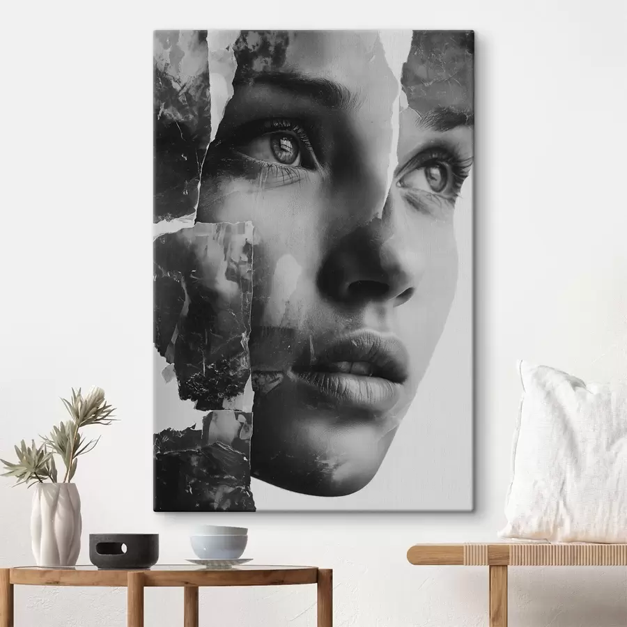 murales de pared Retrato collage en blanco y negro con capas rasgadas con textura s45898