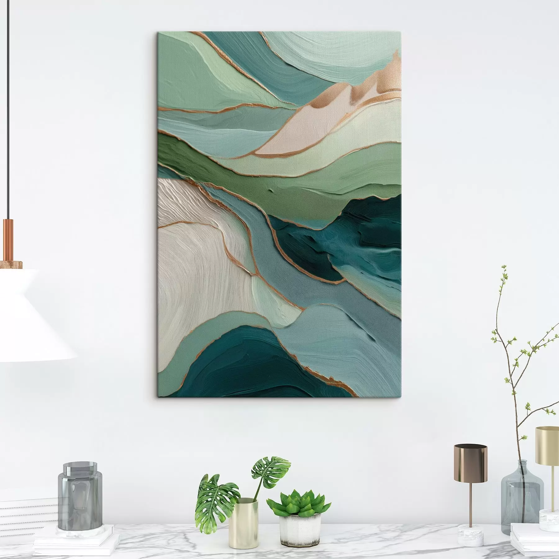 murales de pared Abstracción verde en capas con líneas amarillas y profundidad s45902