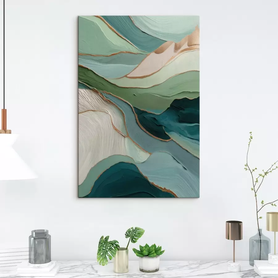 murales de pared Abstracción verde en capas con líneas amarillas y profundidad s45902