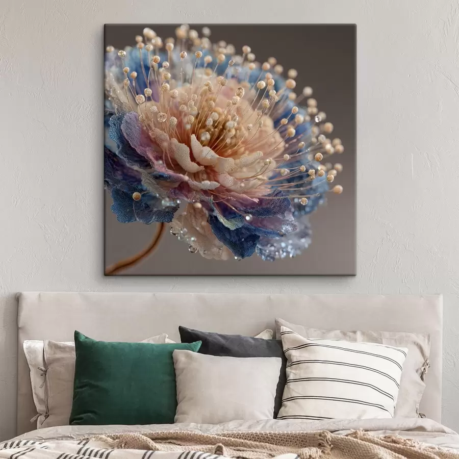 murales de pared Flor nacarada con gotas de rocío, pétalos color melocotón y azul s45911