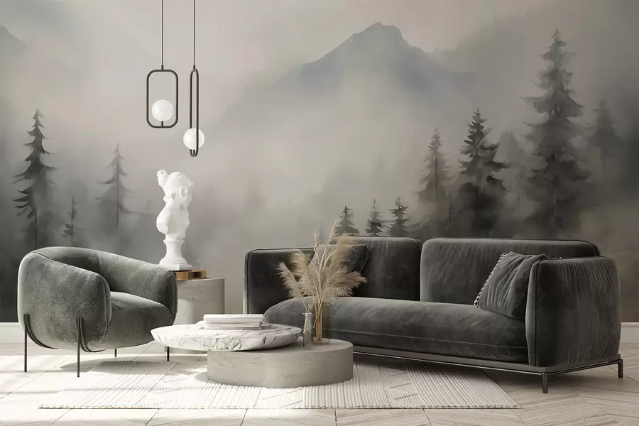 murales de pared Bosque en la niebla con las montañas como telón de fondo w04493