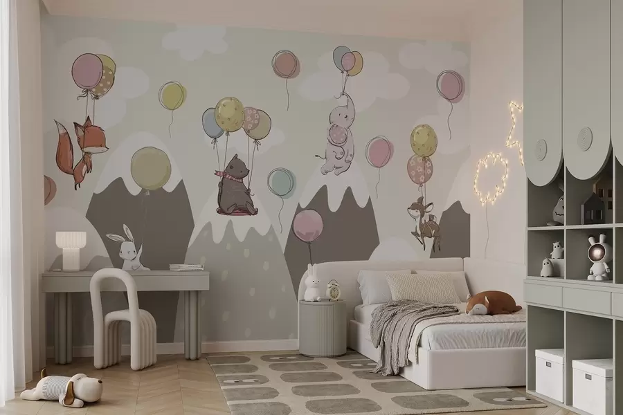 murales de pared Montañas escandinavas infantiles con animales w04651