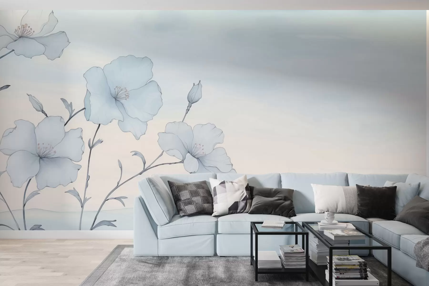murales de pared Delicadas flores azules contra un cielo despejado w04620