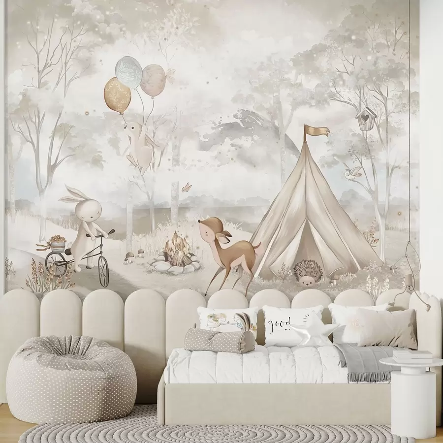 murales de pared Campamento infantil en cálidos tonos beige, con tienda de campaña y animales del bosque w04671