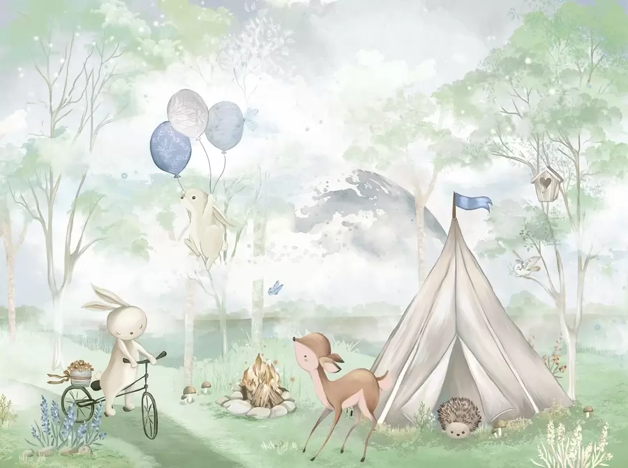 murales de pared Campamento infantil en el bosque: conejitos, cervatillos, tienda de campaña y hoguera w04671v1