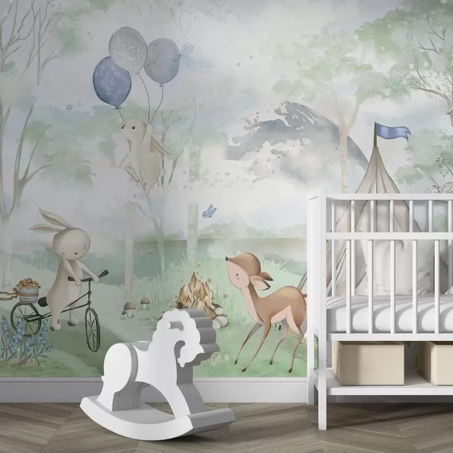 murales de pared Campamento infantil en el bosque: conejitos, cervatillos, tienda de campaña y hoguera w04671v1