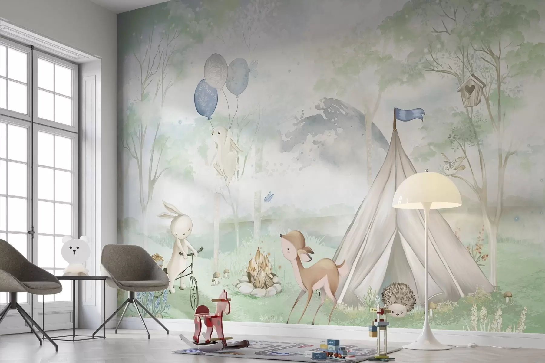 murales de pared Campamento infantil en el bosque: conejitos, cervatillos, tienda de campaña y hoguera w04671v1