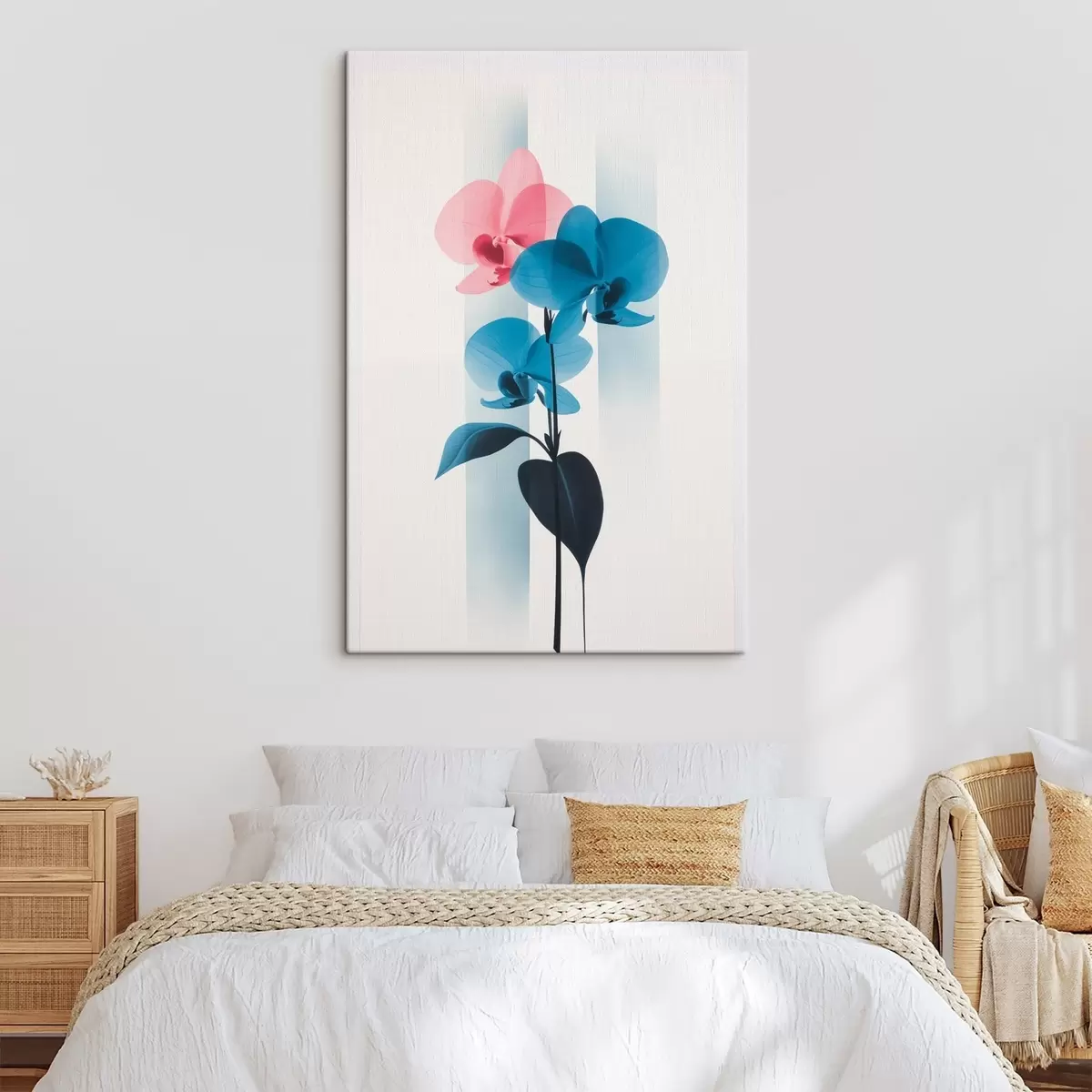 murales de pared Orquídeas con hojas sobre fondo blanco con rayas verticales s45925