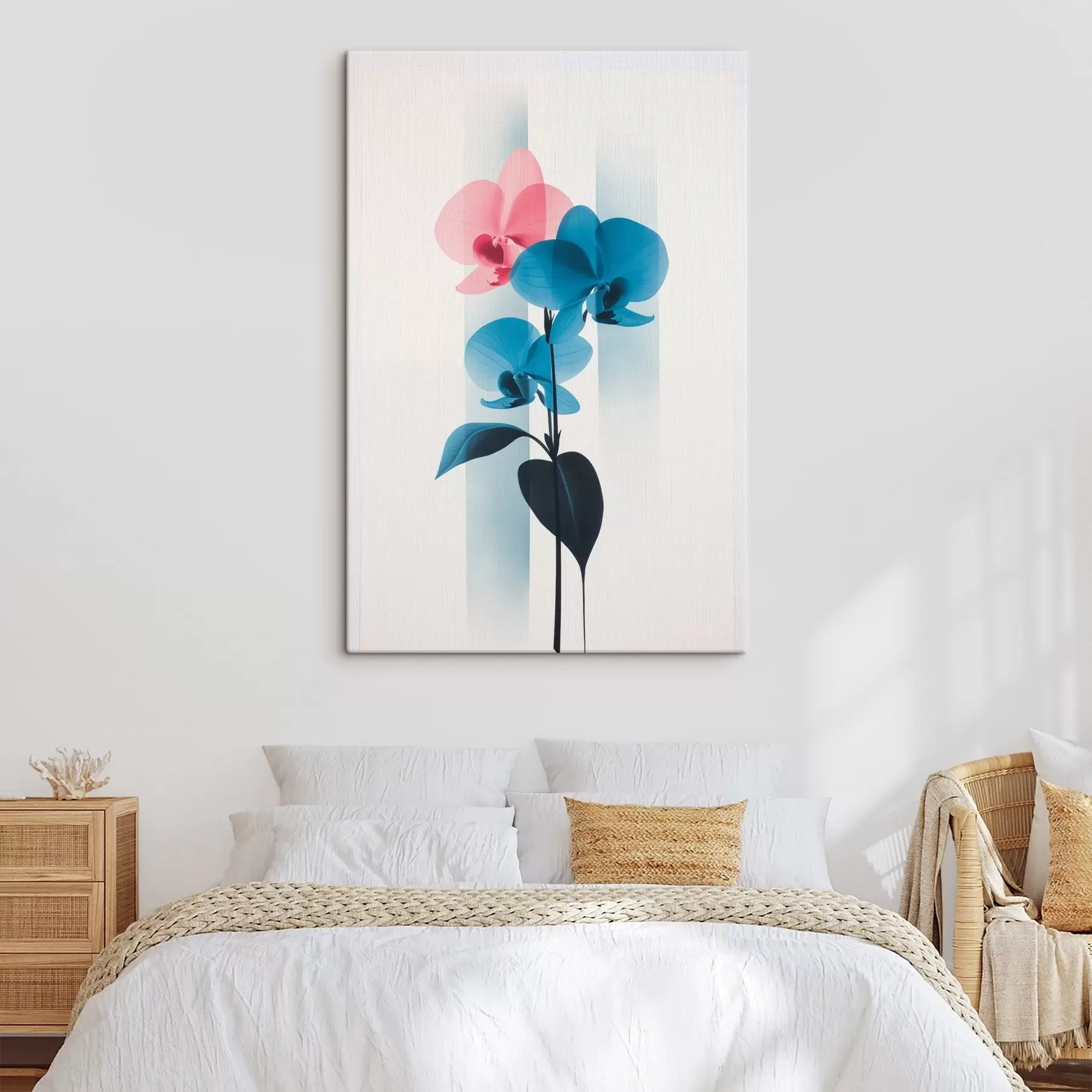 murales de pared Orquídeas con hojas sobre fondo blanco con rayas verticales s45925