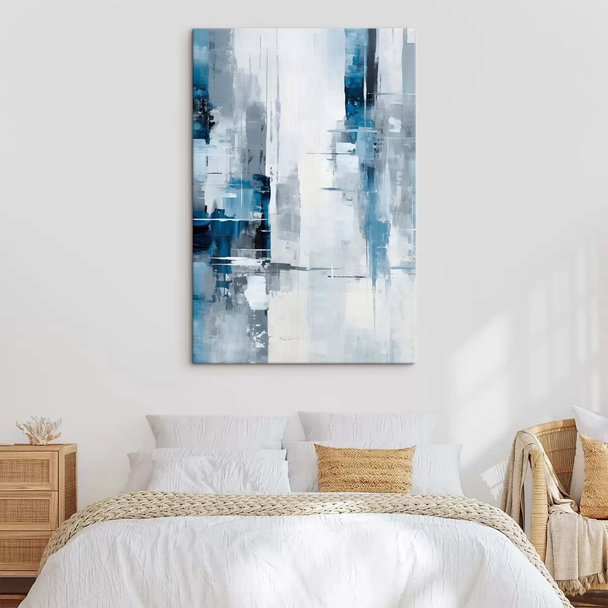 murales de pared Imitación de pintura abstracta con colores azul, gris y blanco, líneas verticales y formas geométricas s45926