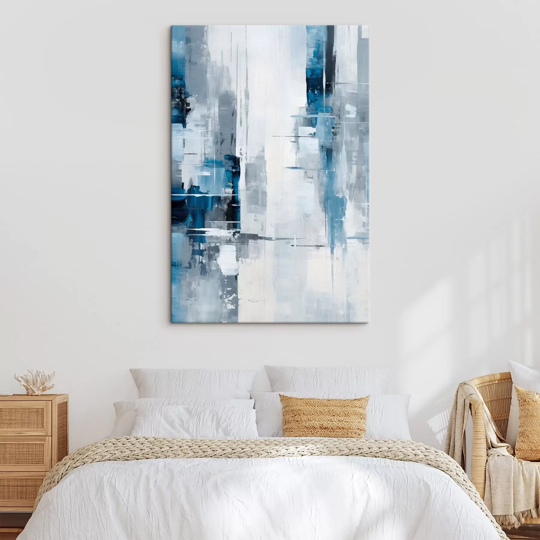 murales de pared Imitación de pintura abstracta con colores azul, gris y blanco, líneas verticales y formas geométricas s45926