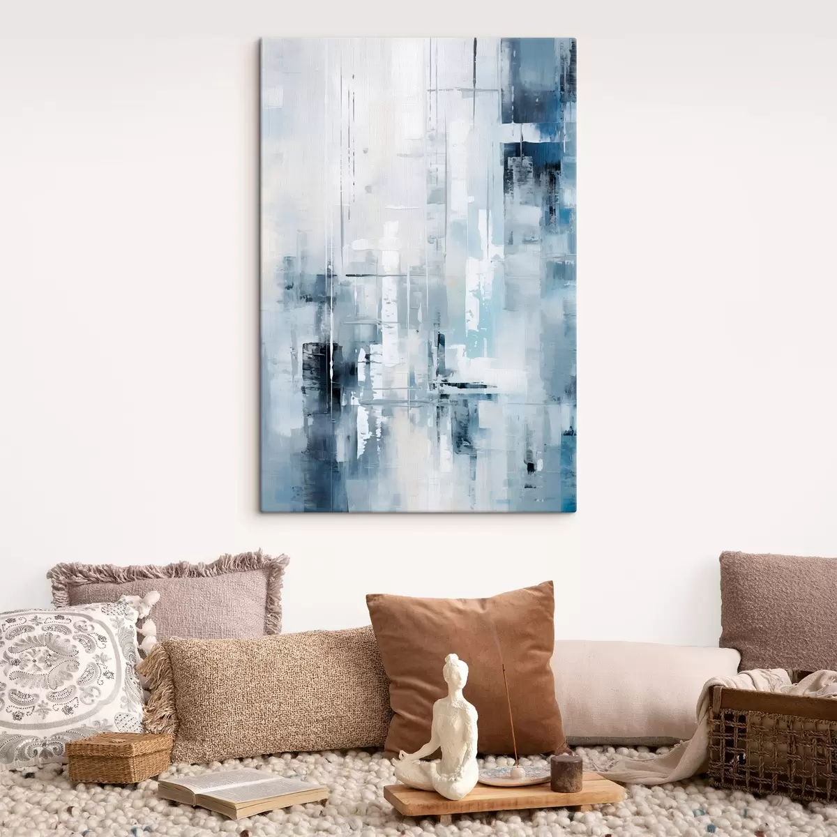 murales de pared Imitación de pintura abstracta con colores azul, gris y blanco, líneas verticales y formas geométricas s45927