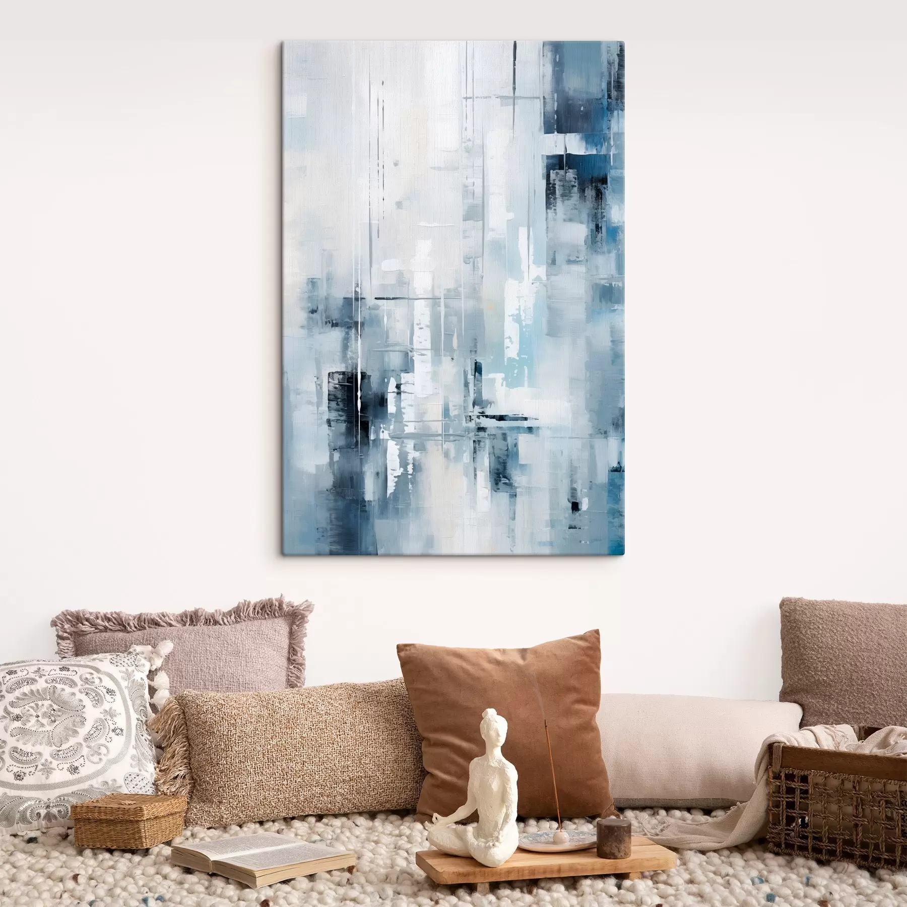 murales de pared Imitación de pintura abstracta con colores azul, gris y blanco, líneas verticales y formas geométricas s45927