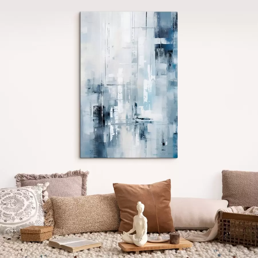 murales de pared Imitación de pintura abstracta con colores azul, gris y blanco, líneas verticales y formas geométricas s45927