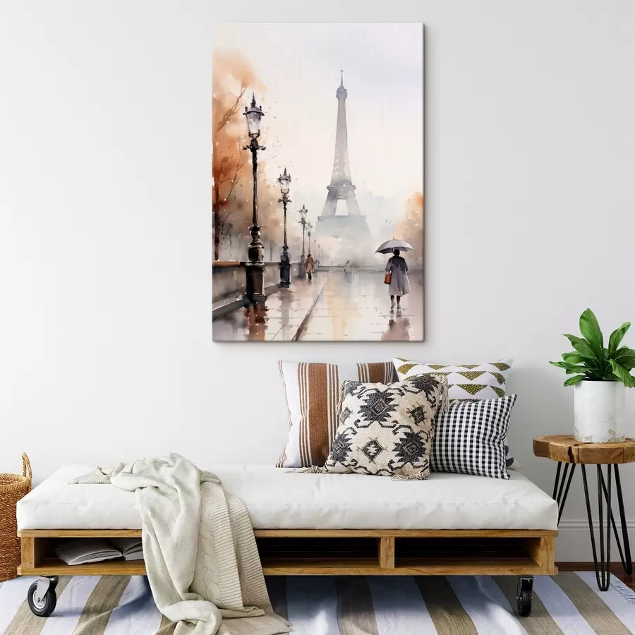 murales de pared Un día lluvioso en París con la Torre Eiffel al fondo y farolas vintage s45930