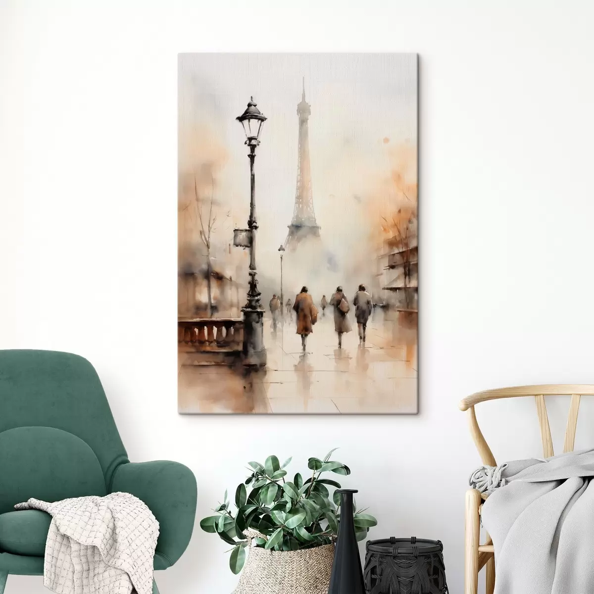 murales de pared Un lluvioso día de otoño en París con la Torre Eiffel al fondo y farolas vintage s45931